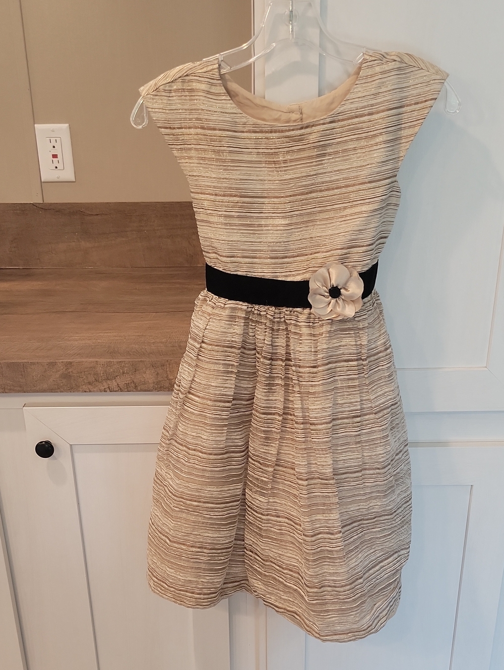 Jona Michelle Beige Striped Party Dress with Black Sash and Flower
